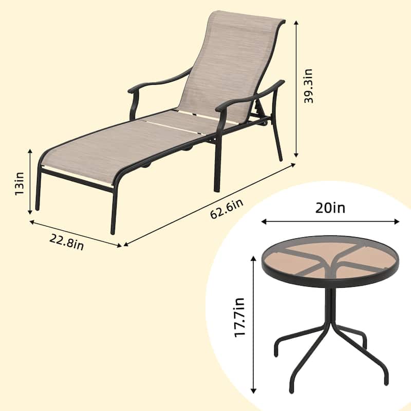 3-piece Outdoor Patio Chaise Lounge Chair with End table