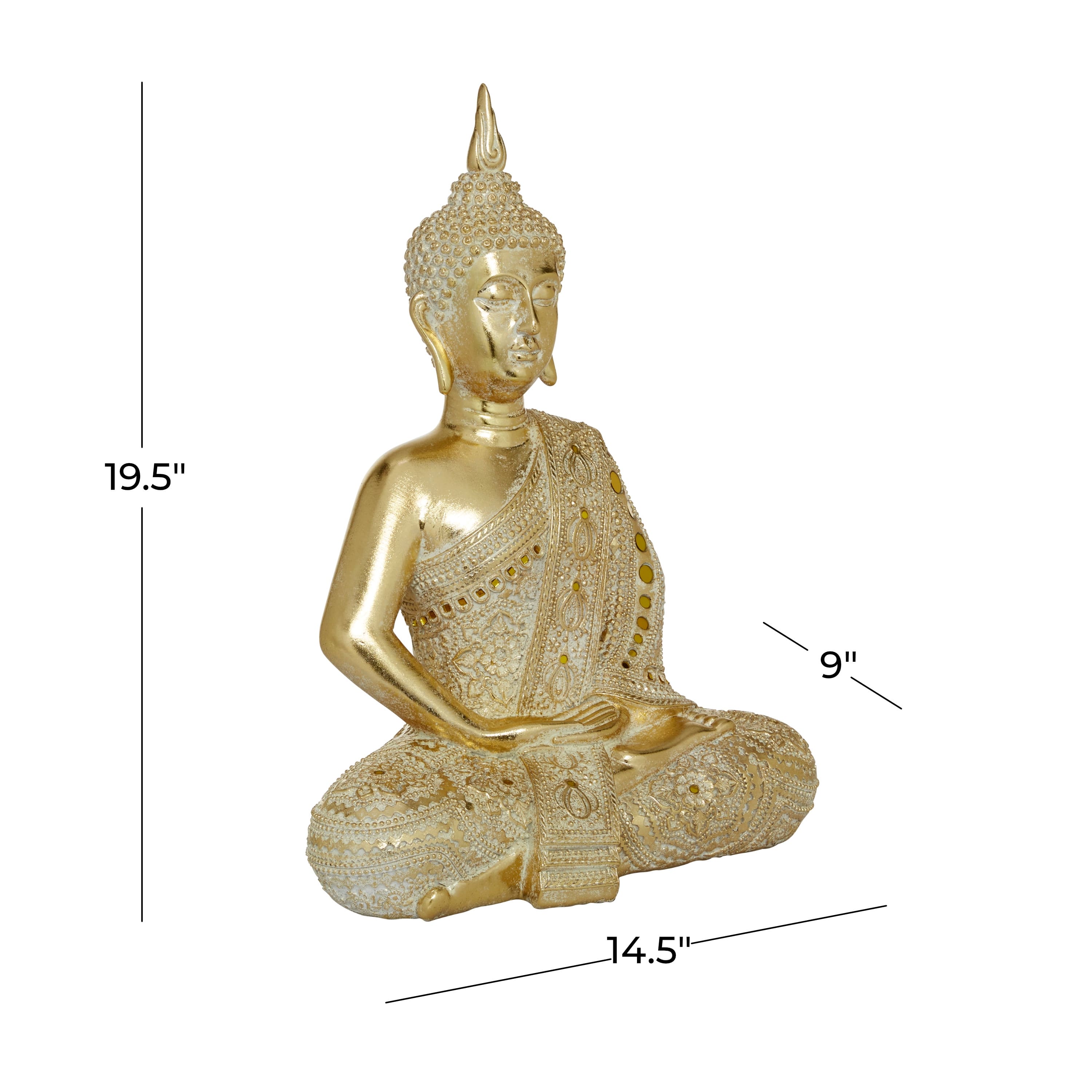 Gold Polystone Meditating Carved Buddha Sculpture with Intricate Carvings and Mirrored