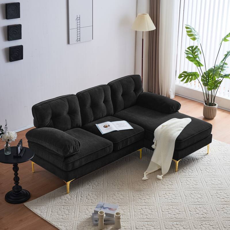 Velvet Sectional Sofas Couches with Pillow Top Arms and Upholstered Backrest, Modern L-Shaped Couches with Metal Legs