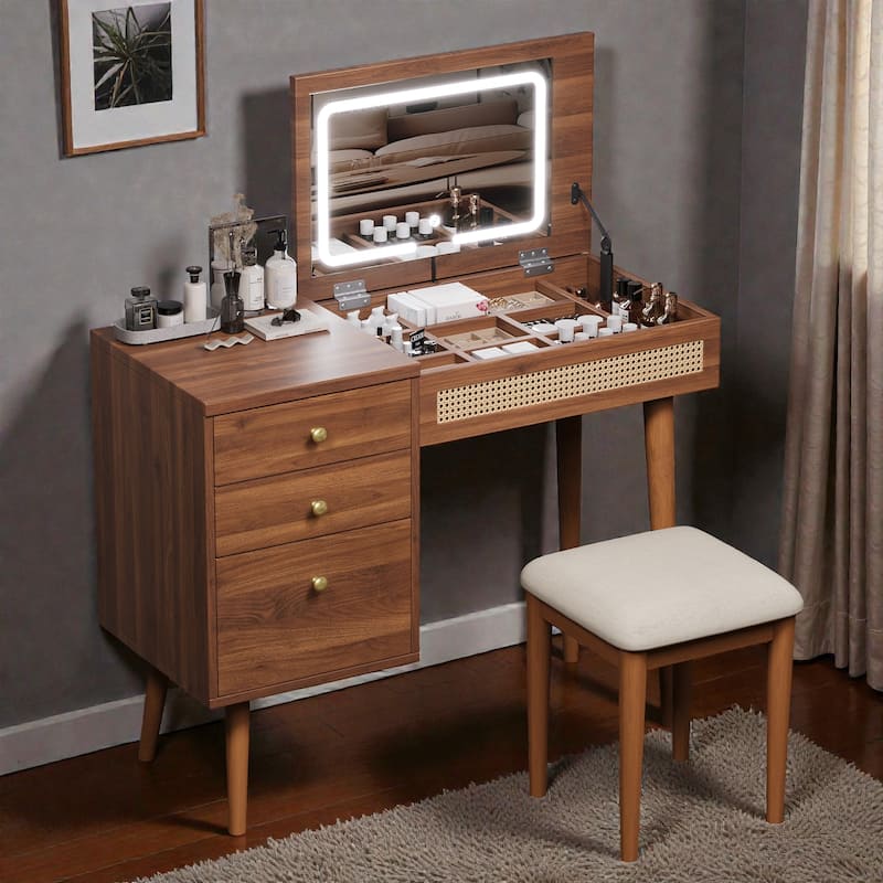 39" Retro Boho Vanity Desk with Flip-Top LED Mirror, 3 Drawers & 10 Compartments, Rattan Makeup Table with Stool - Walnut