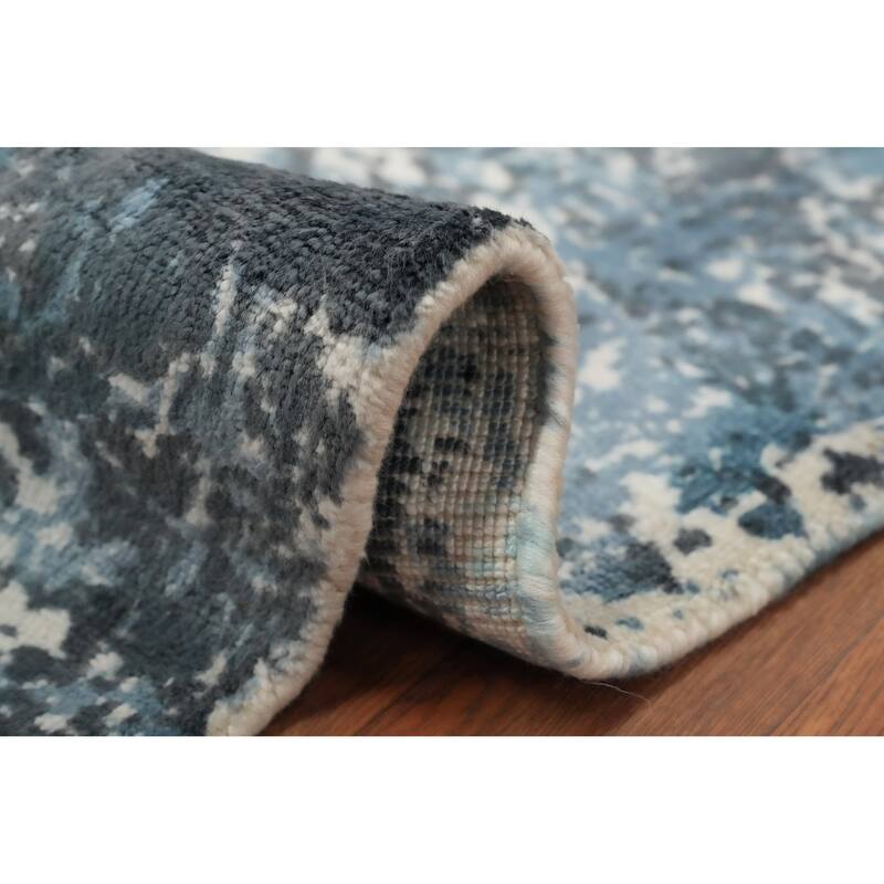Hand Knotted Oriental Viscose Silk Carpet Modern All-Over Navy Blue & Blues Abstract Area Rug - 3' 9'' X 2' 1''