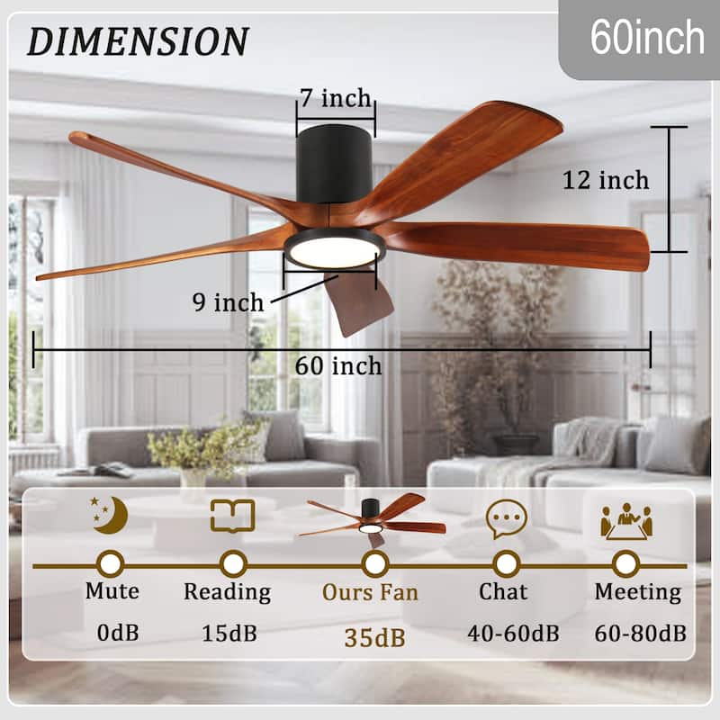 60" Ceiling Fan with Light, Flush Mount, 5 Solid Wood Blades, Quiet Reversible DC Motor, APP & Remote Control - Natural Wood