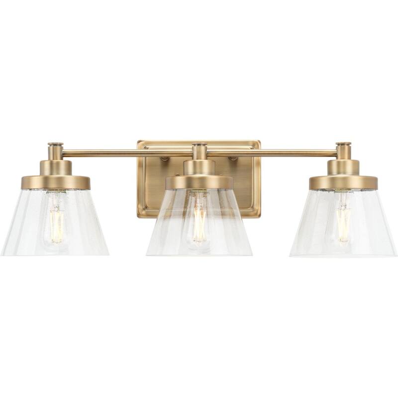 Hinton Collection Three-Light Vintage Brass Clear Seeded Glass Farmhouse Bath Vanity Light - 24.5 in x 7.12 in x 7.75 in