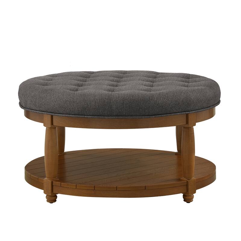 Large Round Tufted Linen Ottoman Coffee Table with Solid Wood Shelf - Granite Tone