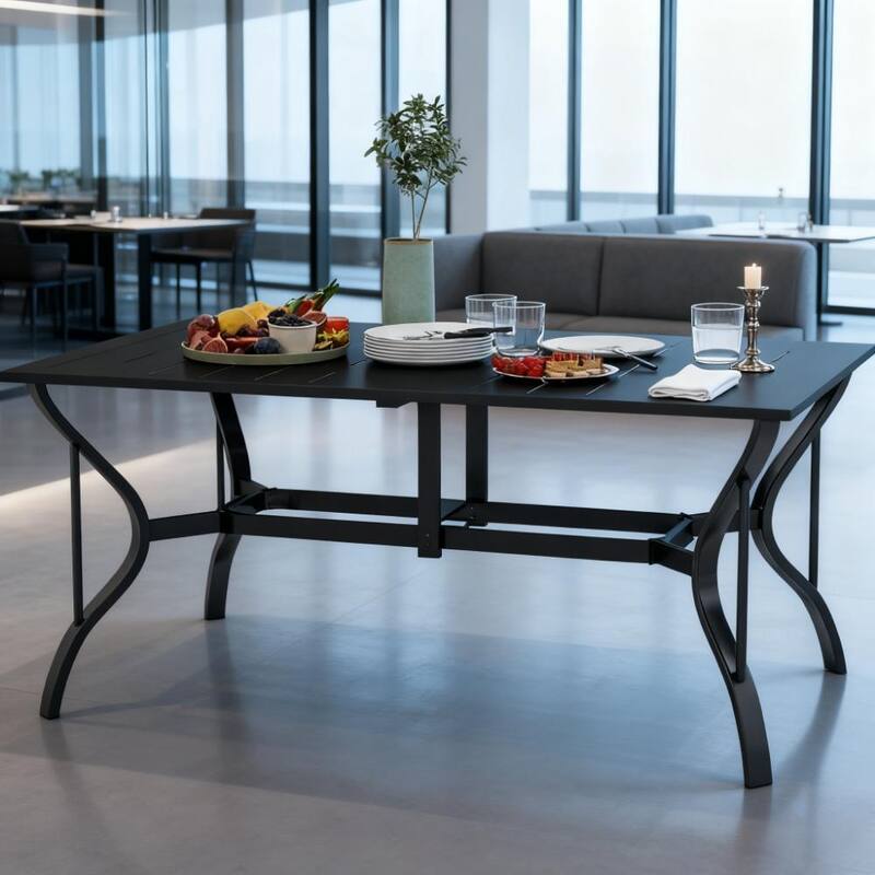 GDFStudio Outdoor Ondine Steel Outdoor Dining Table with Umbrella Hole for Six