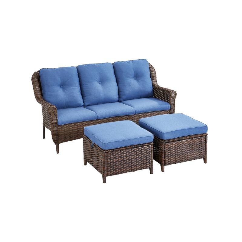 Outdoor Patio 3-Seat Sofa with 2 Ottomans
