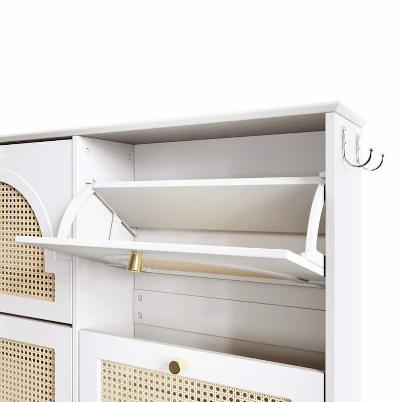 Narrow Shoe Cabinet with 4 Flip Drawers, Freestanding Entryway Shoe Organizer, Shoe Rack with 4 Rattan Doors & 2 Hooks
