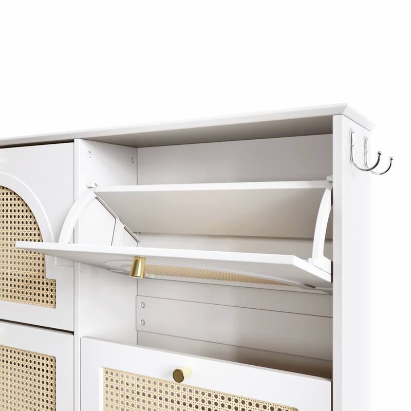 Shoe Storage Cabinet for Entryway w/ 4 Flip Drawers, Narrow Wood Shoe Cabinet w/Rattan Panel, Freestanding Hidden Shoe Organizer
