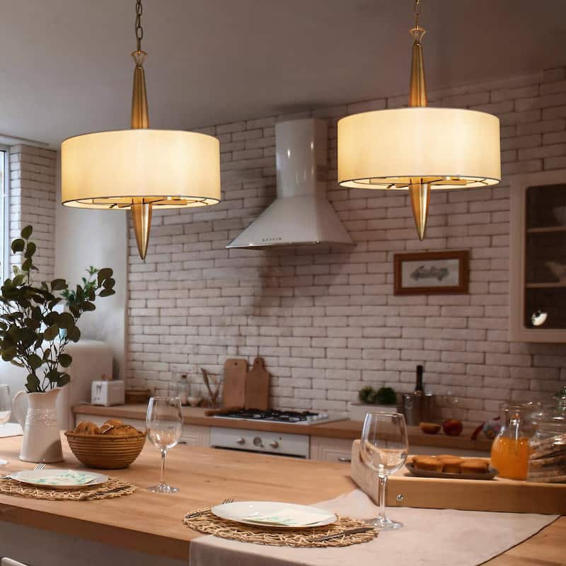 Mid-Century Modern 4-light Drum Brass Chandelier Fabric Shade Hanging Lights for Dining Room - D16" x H80"