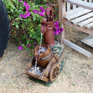 Alpine Corporation 23" Tall Vintage Water Pump with Wheelbarrow Fountain Yard Art Décor, Multicolor