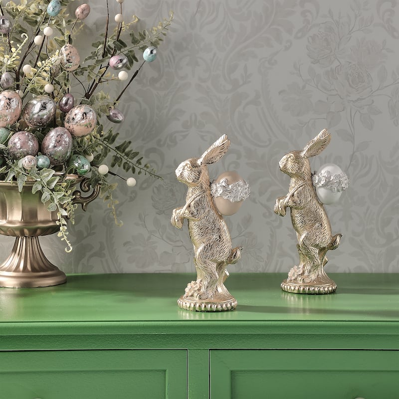 8.5" Resin Bunny With Basket And Egg Set of 2