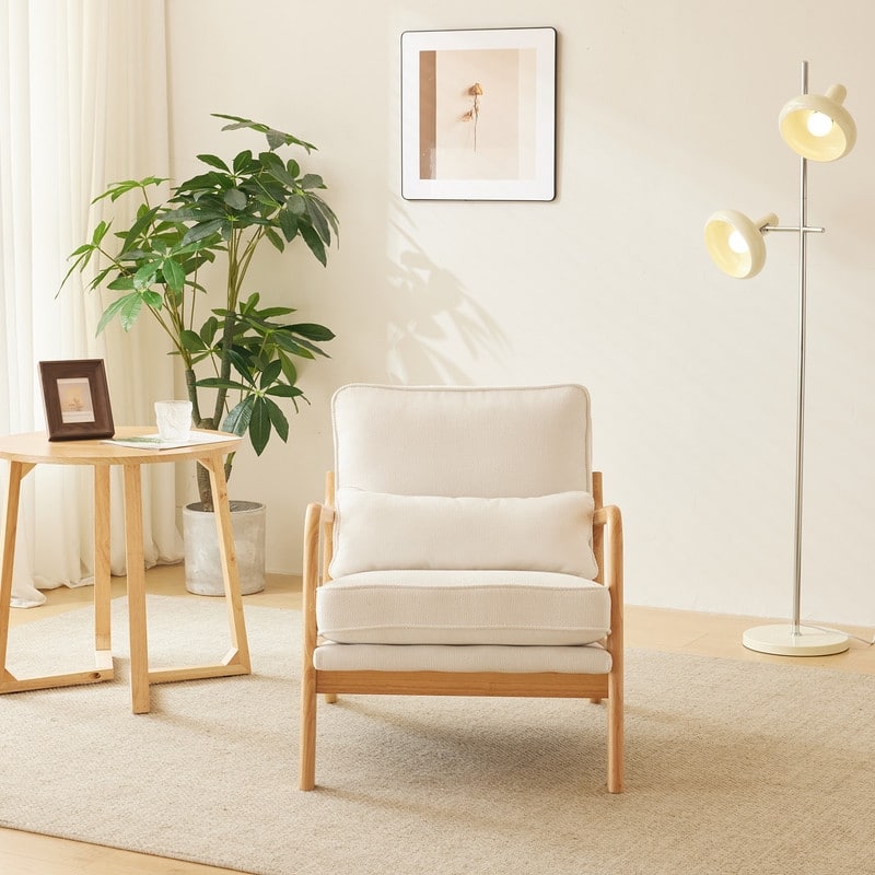 Upholstered Coarse Linen Blend Accent Chair with Wooden Legs and One Pillow