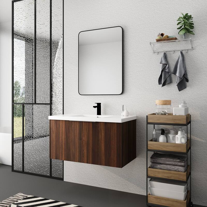 Floating Bathroom Vanity with Resin Sink, Soft Closing Doors, Metal Handles, and Ample Storage Space - 35.4in L Plywood