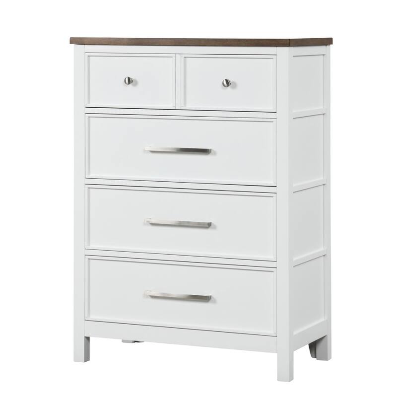 Tela Tall Dresser Chest, 5 Drawers w/ Nickel Handles, White and Brown