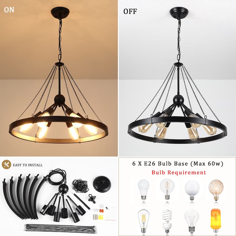 6-Light Modern Wagon Wheel Chandelier with Adjustable Chain for Study Foyer Kitchen Island