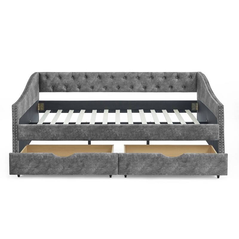 Full Upholstered Daybed with Storage Drawers,Button Tufted and Nailhead Trim,Solid Wood Frame