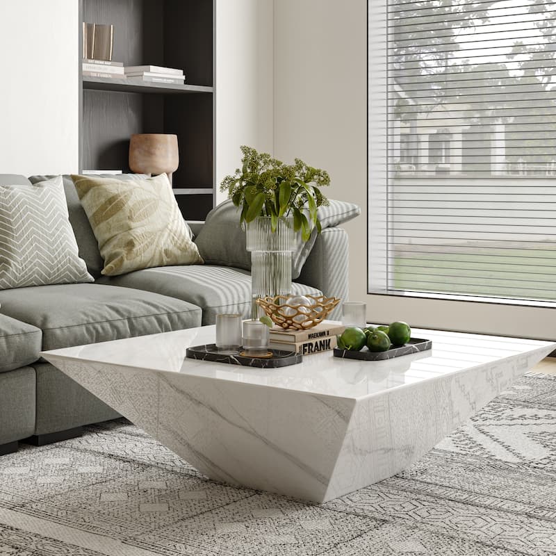 Modern Square Coffee Table, Trapezoid White Sintered Stone Coffee Table, Fully-assembled - 39.37 - White