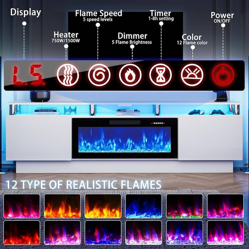 BOSSIN Modern 80" TV Stand with 36" Fireplace & LED Lights for TVs Up to 90", White with Golden Pillars, Storage Cabinets