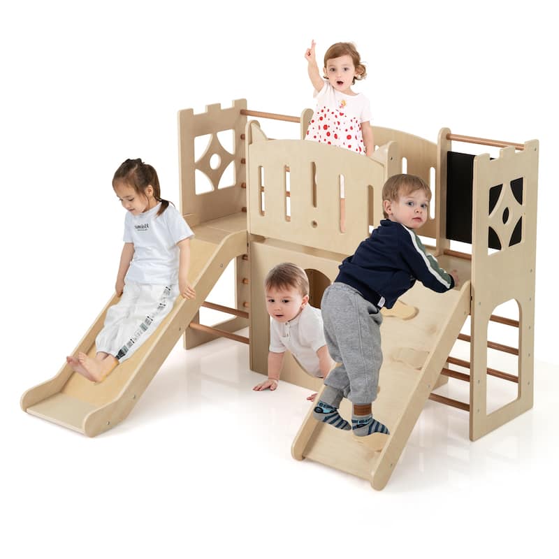 Wooden 8 in 1 Kids Indoor Playset with Slide Climbing Ramp Chalkboard and Storage Castle Activity Center for Toddlers