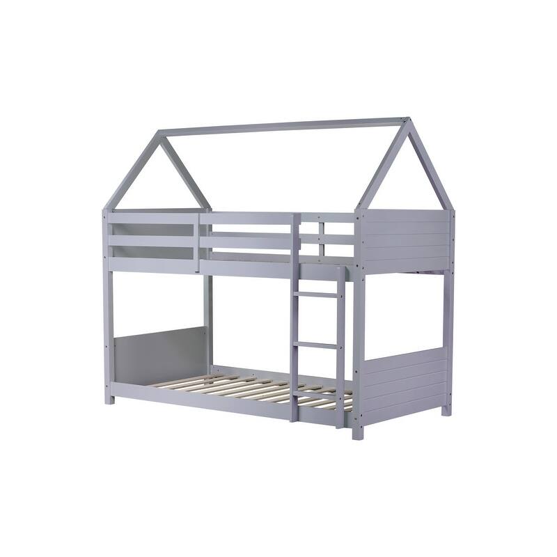 Twin Over Twin House Floor Bunk Bed with Headboards, Footboards and Guardrails, Ladder