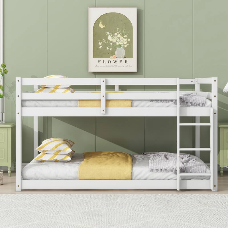 Wooden Twin over Twin Floor Bunk Bed with Ladder ,Upper and Bottom Bed Platforms