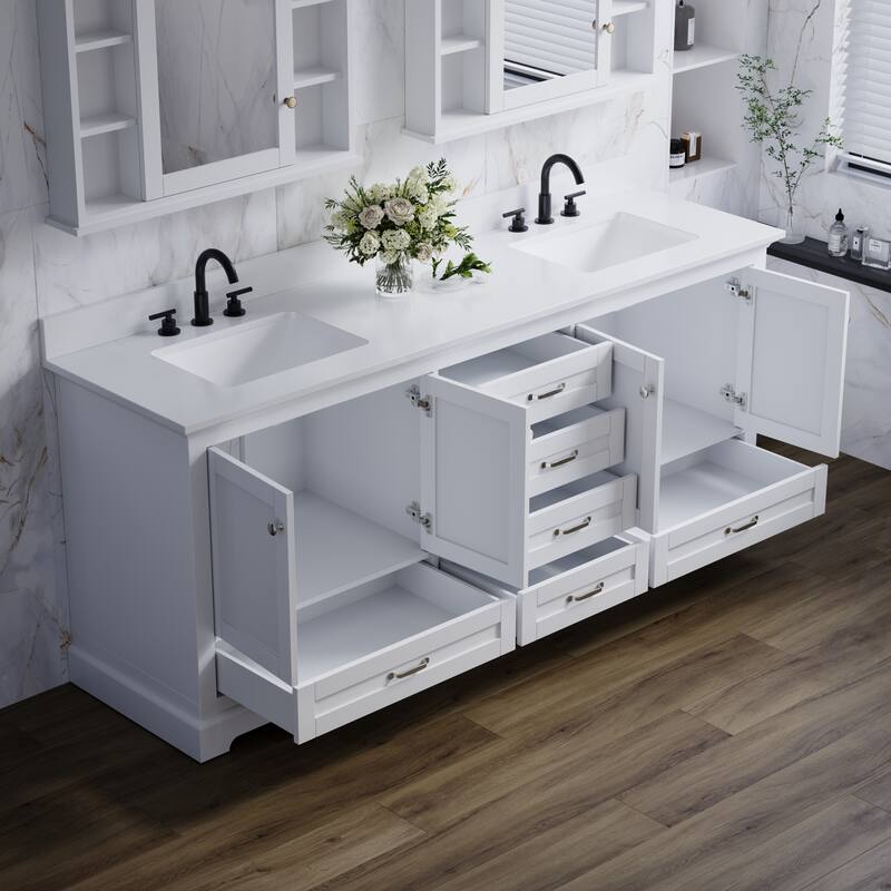 80''W Solid Wood Frame Bathroom Vanity With Pure White Culutered Marble Countertop And Double Sink