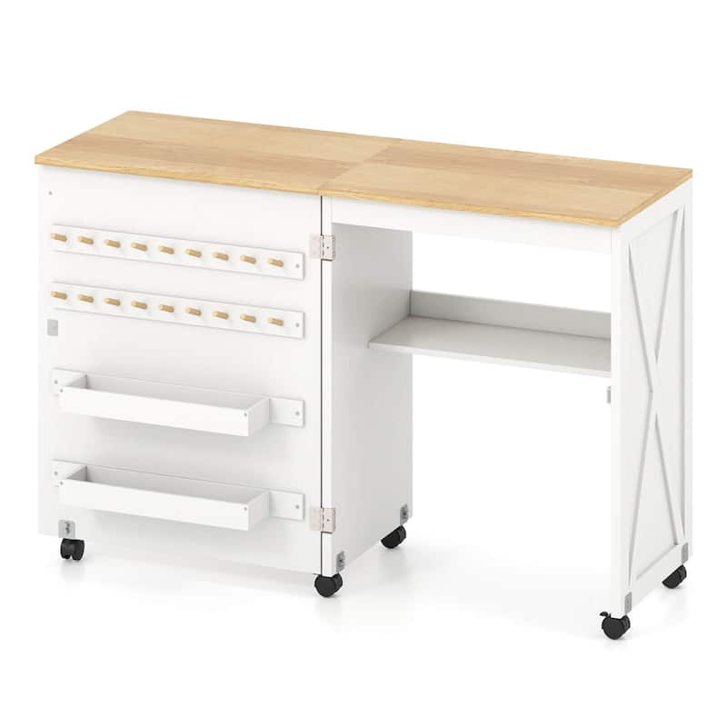 Gymax Folding Sewing Table w/ Compact Design Storage Shelf 2 Trays and - Natural, White