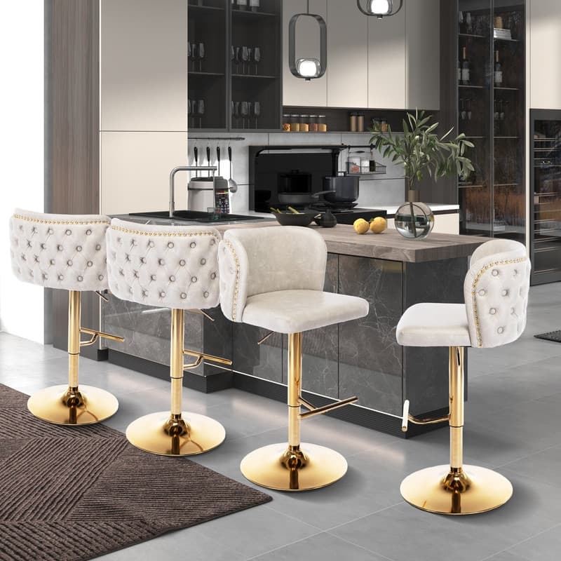 Upholstered Swivel Counter Bar Stools Set of 4 - Beige Gold