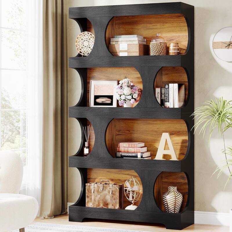 71" Tall Bookcase, 4-Tier S-Shaped Bookshelf, Wood Decorative Storage Shelving - 1pc - Black