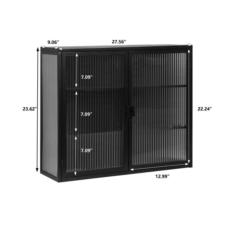 Anmytek Modern Black Glass Wall Cabinet 3-Tier Storage for Bathroom & Living Room