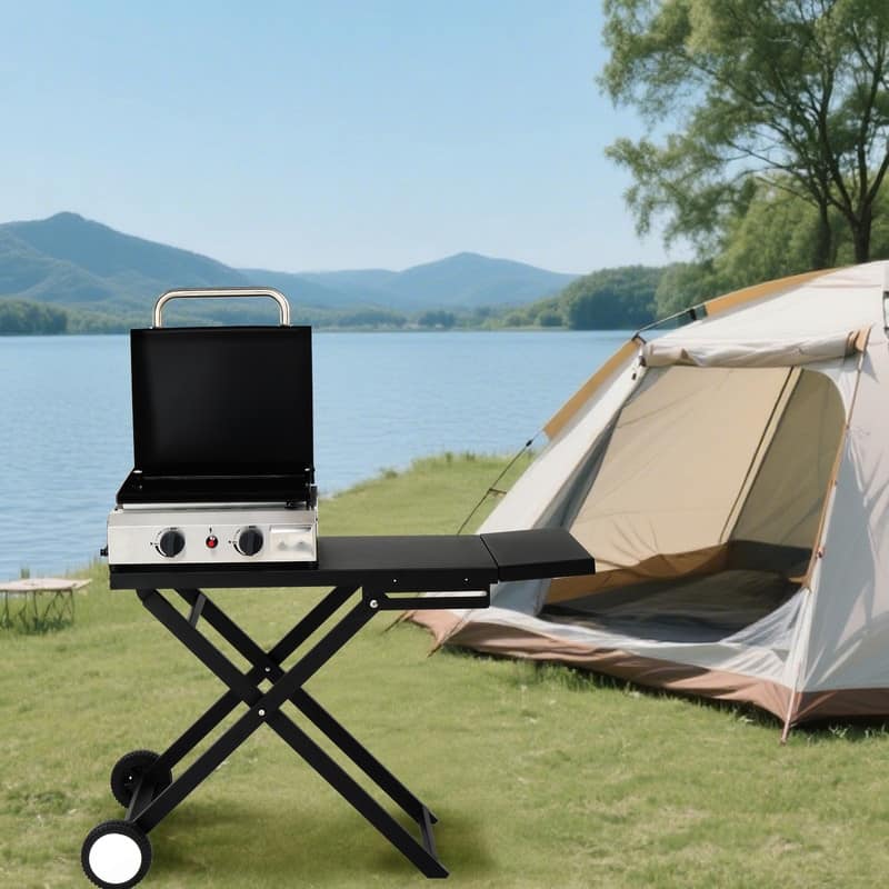 2 Burner Foldable Propane Griddle Rolling Flat Top Gas Grill with Wheels and Lid for Outdoor Cooking - N/A