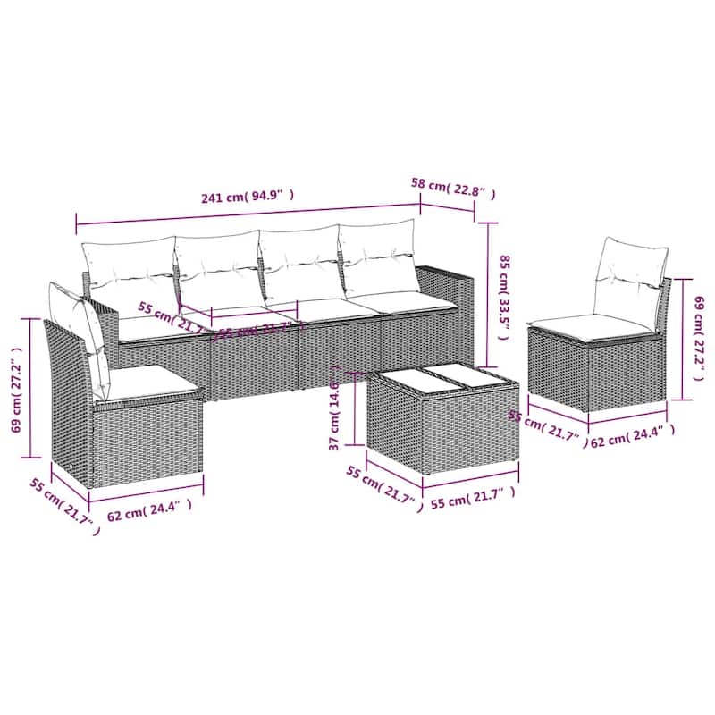 vidaXL Patio Sofa Set with Cushions Outdoor Conversation Furniture Poly Rattan - 25.8" x 24.4" x 27.2"