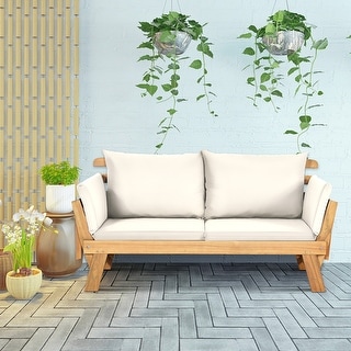 Gymax Adjustable Patio Sofa Daybed Acacia Wood Furniture w/ White - See Details