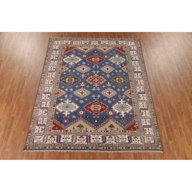 Blue Geometric Kazak Oriental Area Rug Handmade Wool Carpet - 7'10" x 9'9"
