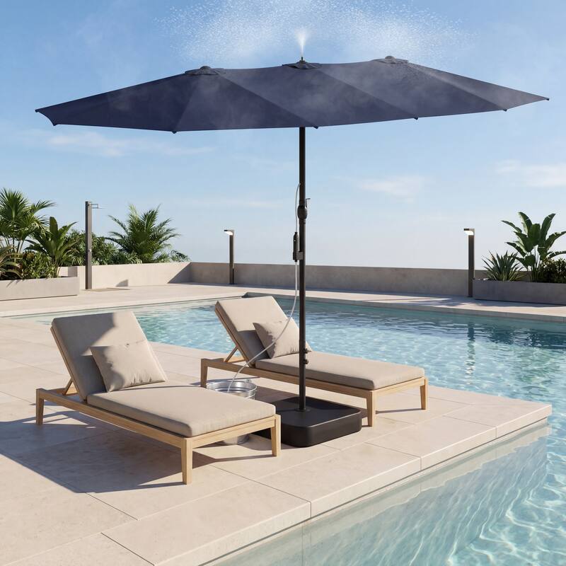 15 FT Double-Sided Patio Umbrella with Base Included, Electric Misting System 4-Level Wind Resistant Outdoor Market Umbrella - Navy