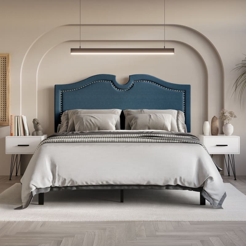 CraftPorch Modern Linen Nailhead Curvaceous Upholstered Bed