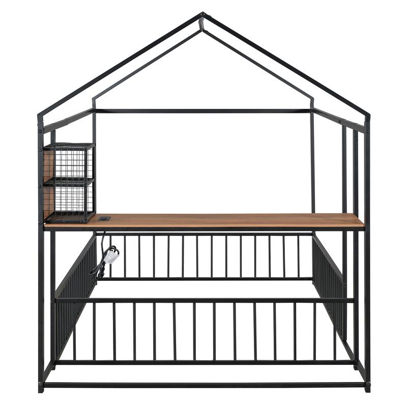 Full Size Metal House Bed with Desk, Shelving, USB Charging Ports & Power Outlets - Stylish and Functional