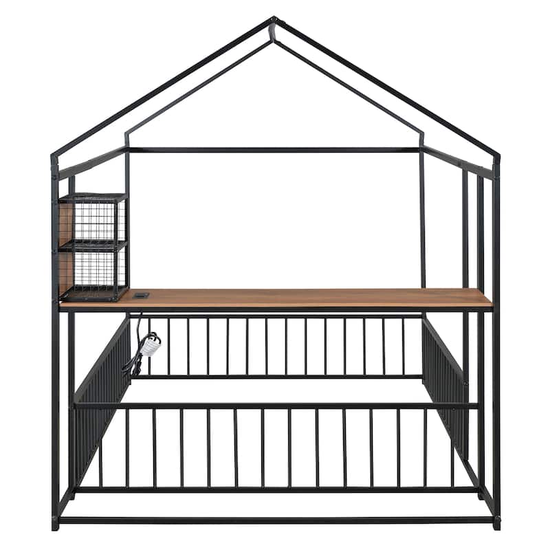 Full Size Metal House Platform Bed Frame with Built-In Desk, USB Charging And Storage Shelves