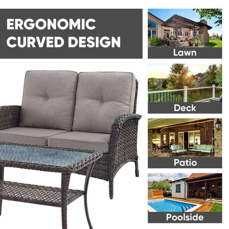 Patio Chairs Ottomans with Sofa Coffee Table -Grey - Brown