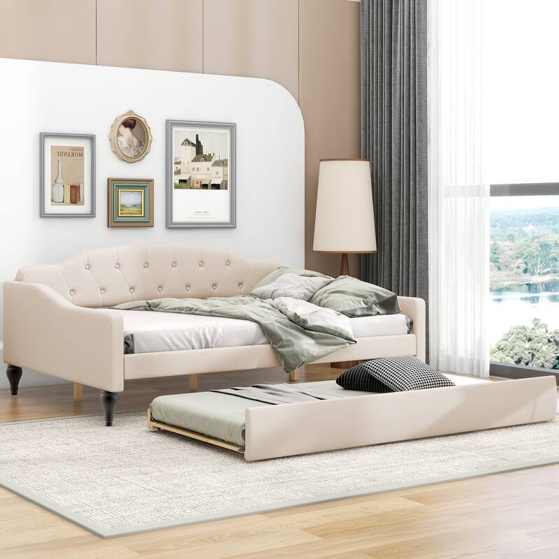Multifunctional Design Full Size Upholstered Tufted Daybed with Twin Size Trundle for Bedroom