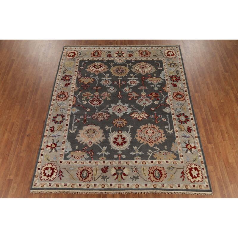 Gray Oushak Indian Rug Hand-Knotted Transitional Wool Carpet - 8'1"x 9'10"