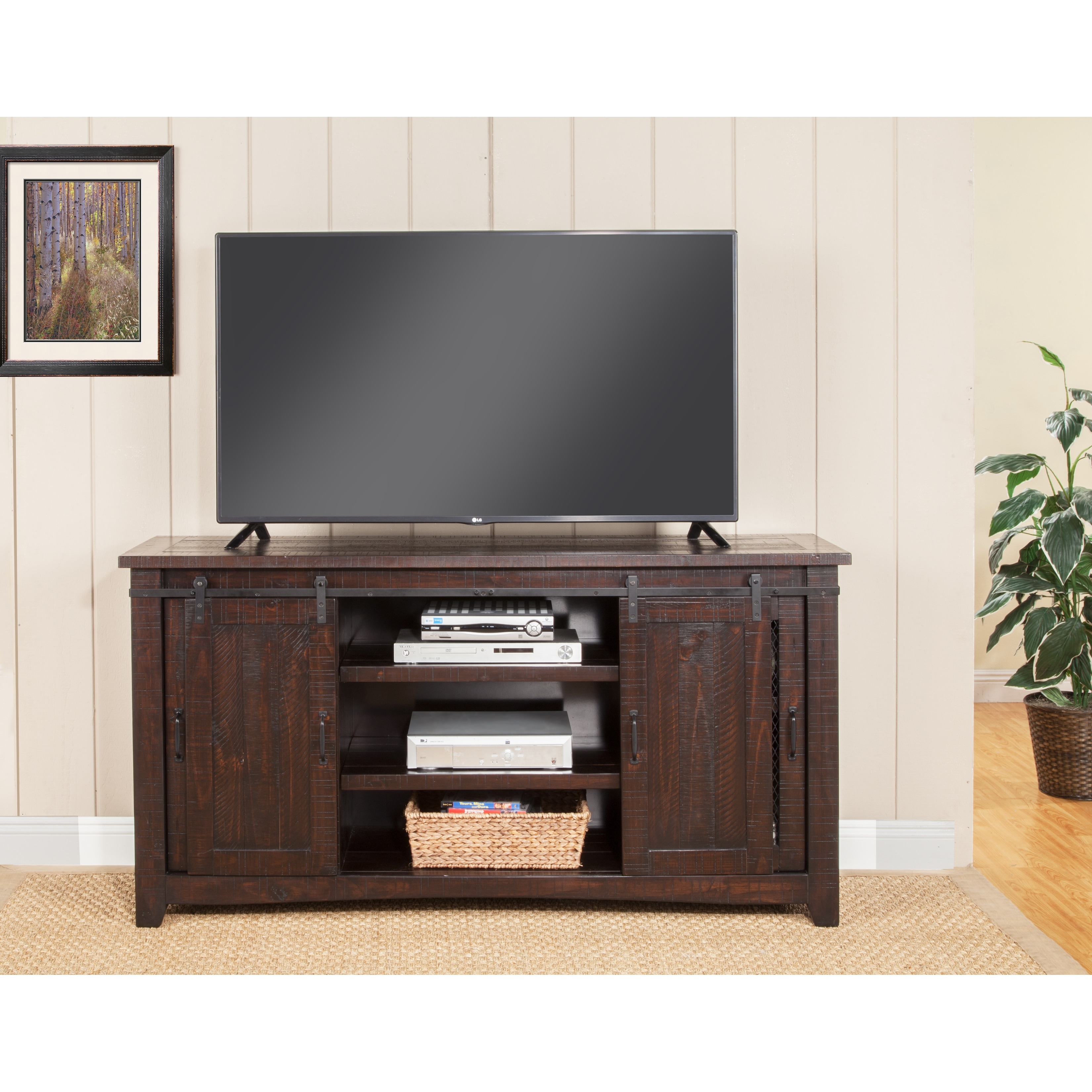 Rustic Farmhouse 65 Inch Wide Solid Wood TV Stand On Sale Bed