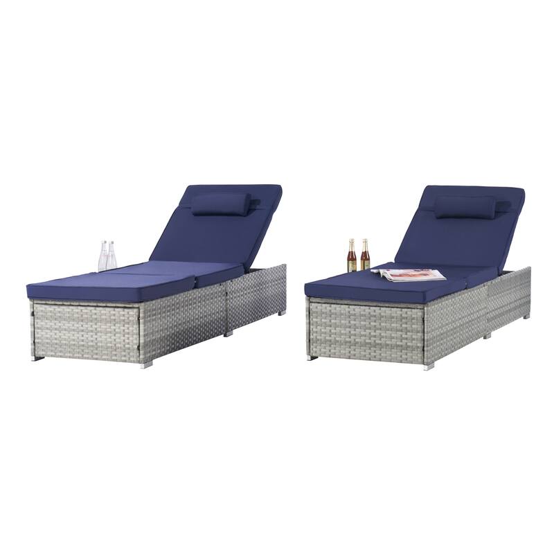 Set of 2 Outdoor Rattan Chaise Lounge with Adjustable Backrest