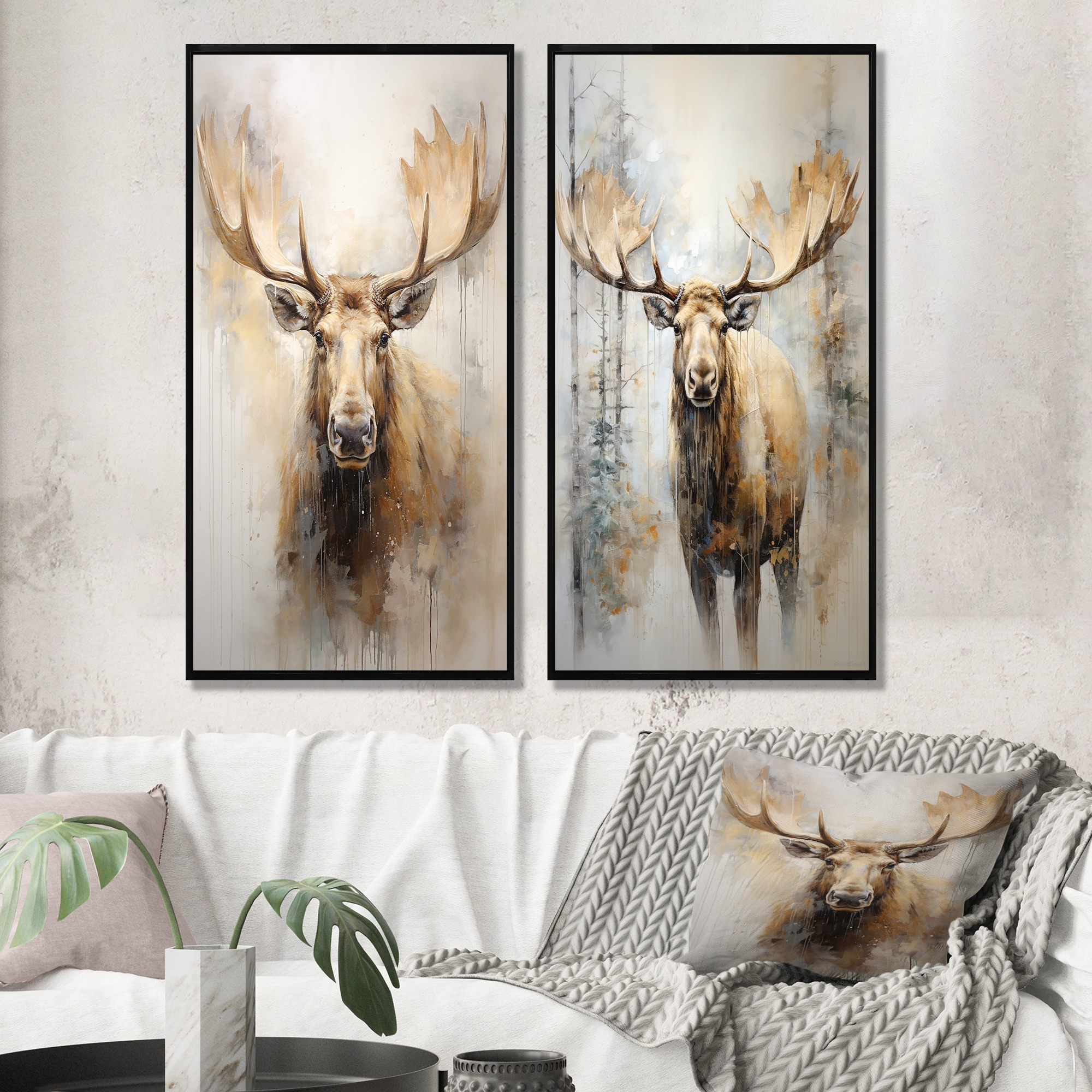 Designart "Beige And Gold Moose Portrait" Moose Framed Art Set Of 2 - Animals Wall Art Set beige Wall Decor 2 Pieces