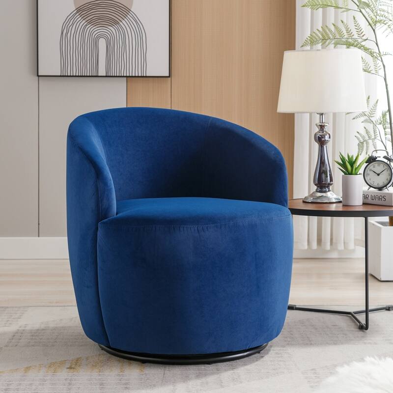 Velvet Fabric Swivel Barrel Chair with Black Powder Coating Metal Ring - Blue