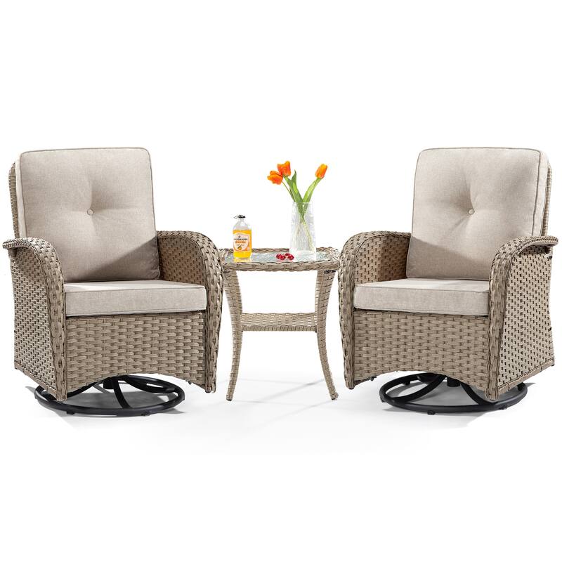 Cozywor 3-Piece Wicker Patio Swivel Outdoor Rocking Chair Conversation Set