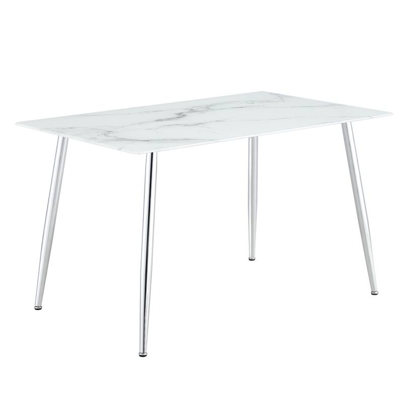 51" Tempered Glass Dining Table, Rectangular Living Room Table with Faux marble Tabletop and Metal Legs and Non-Slip Feet