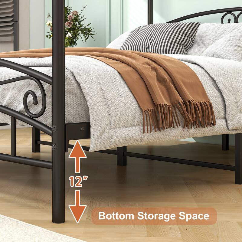 Queen Size Metal Canopy Bed Frame with Headboard and Footboard Black