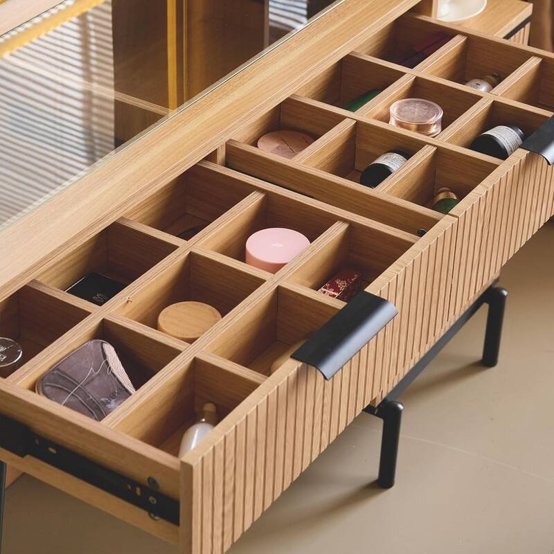 Fluted Makeup Vanity Desk with LED Lights & Outlet, 5 Drawers, 3 Light Modes