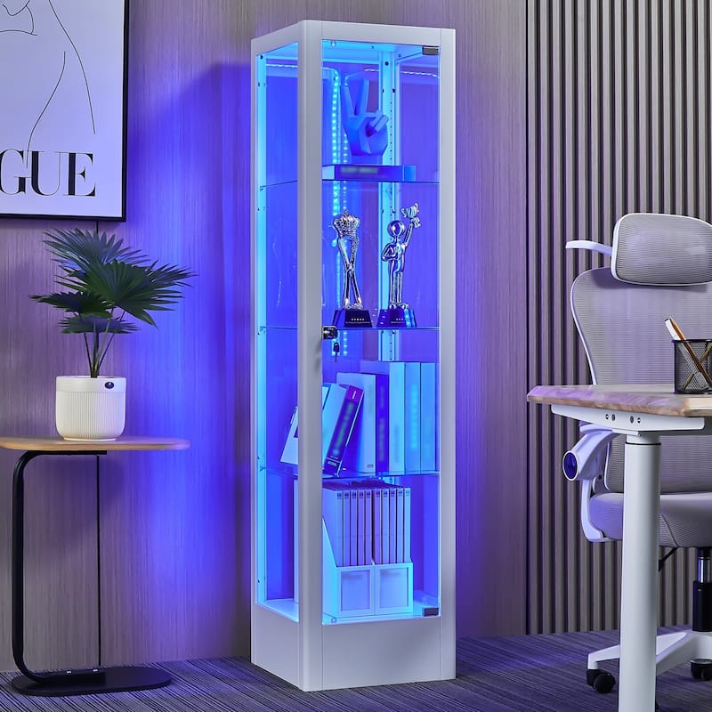 4-shelf Glass Curio Display Cabinet with Doors, RGB Light & Adjustable Storage Shelves - 63"H x 15.8"W x 15.8"D